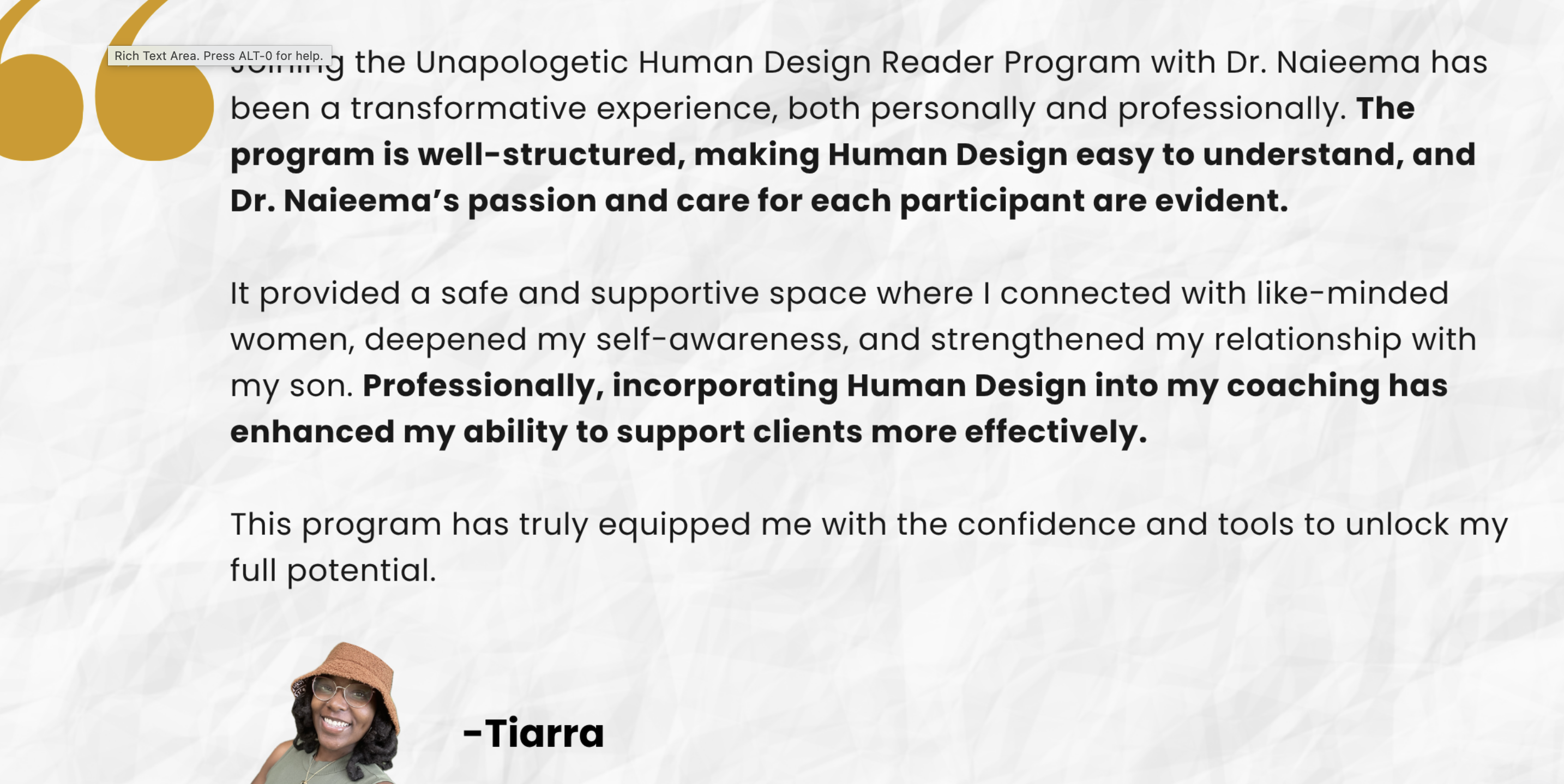 Tiarra testimonial