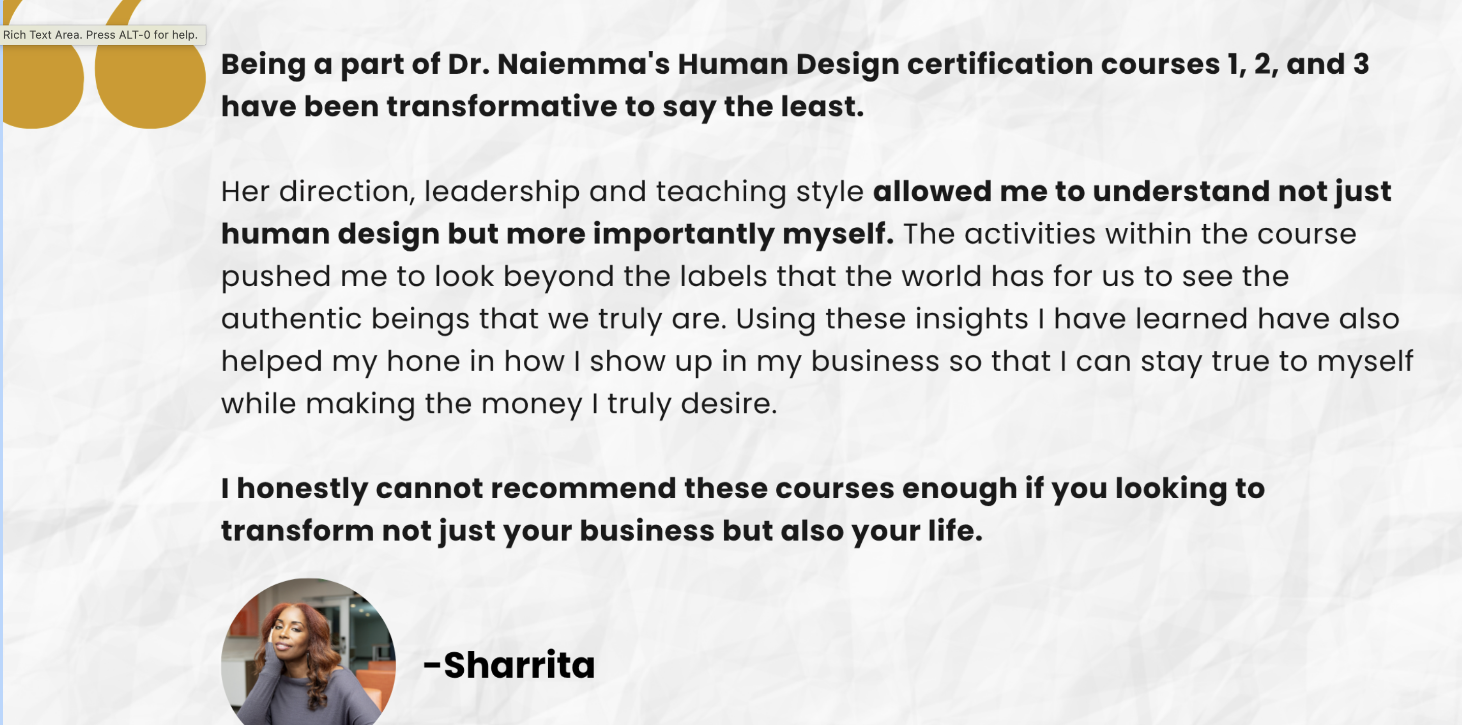 Sharrita testimonial